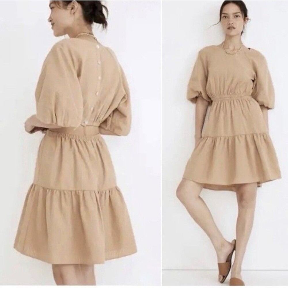 Madewell Seersucker Dress Puff Sleeves Cut Out Tan Khaki NWT Women’s XL